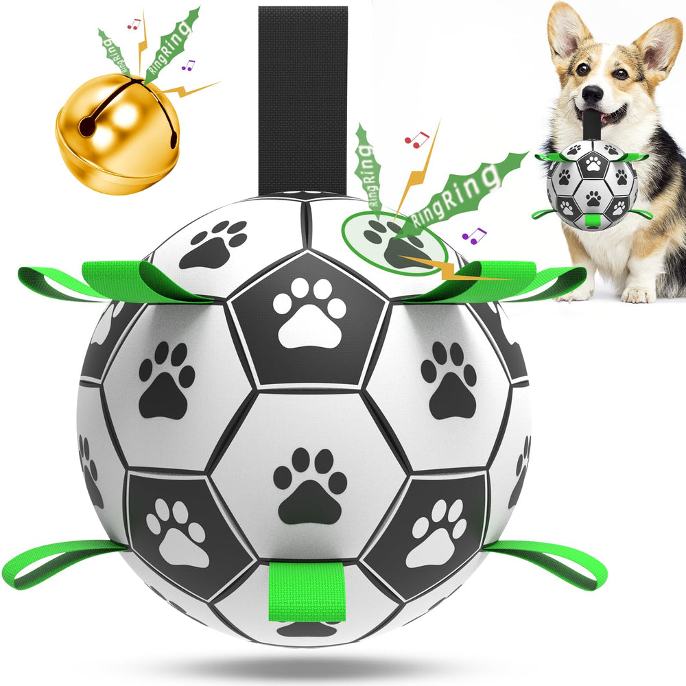 QDAN bola de fútbol para perros con campana, estimula juego y exploración.