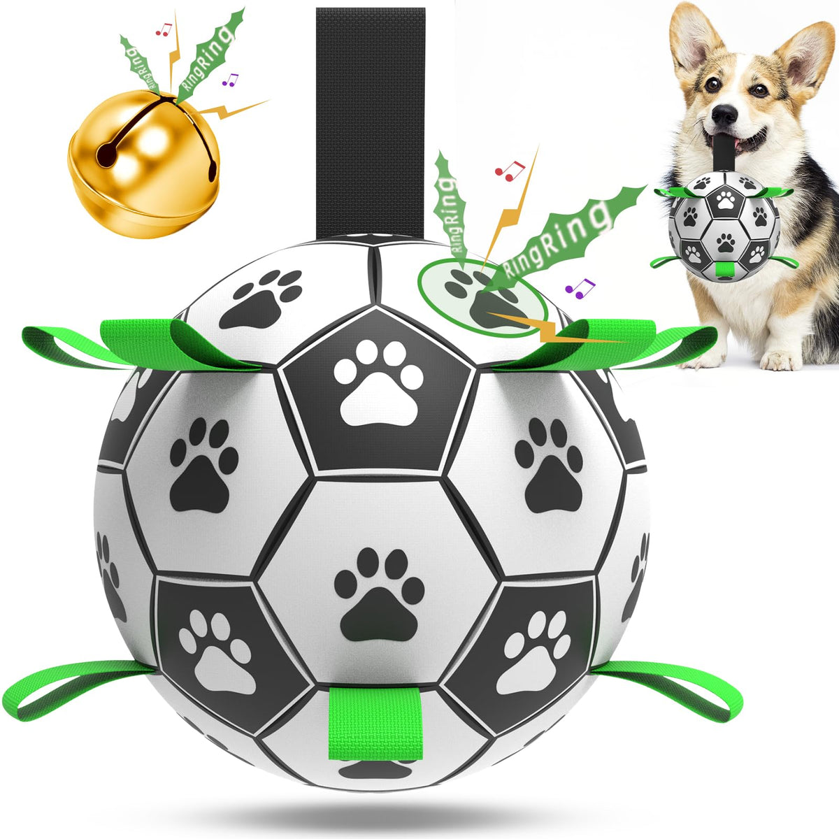 QDAN bola de fútbol para perros con campana, estimula juego y exploración.