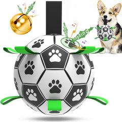 QDAN bola de fútbol para perros con campana, estimula juego y exploración.