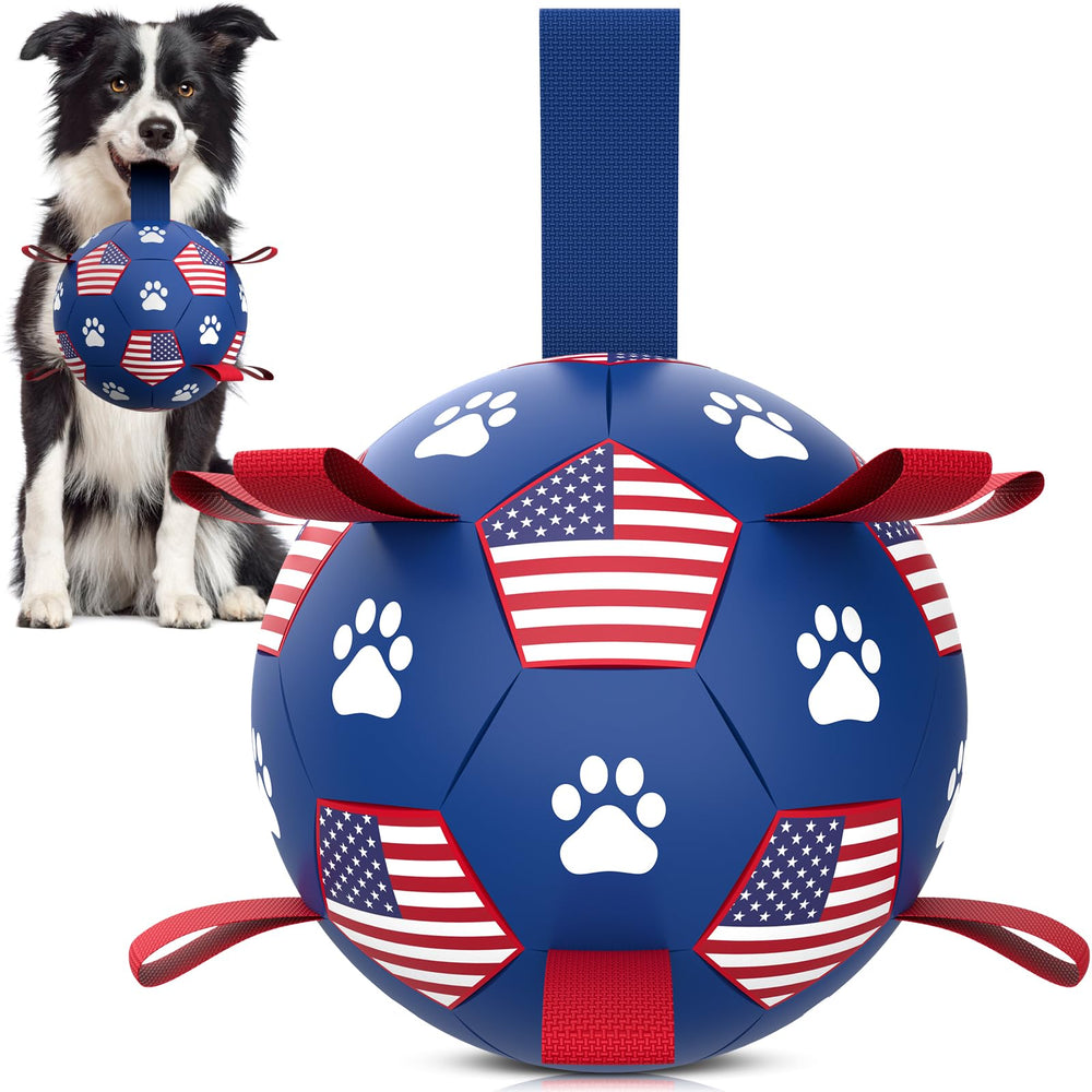 Pelota QDAN para perro con correas, ideal para juego al aire libre.