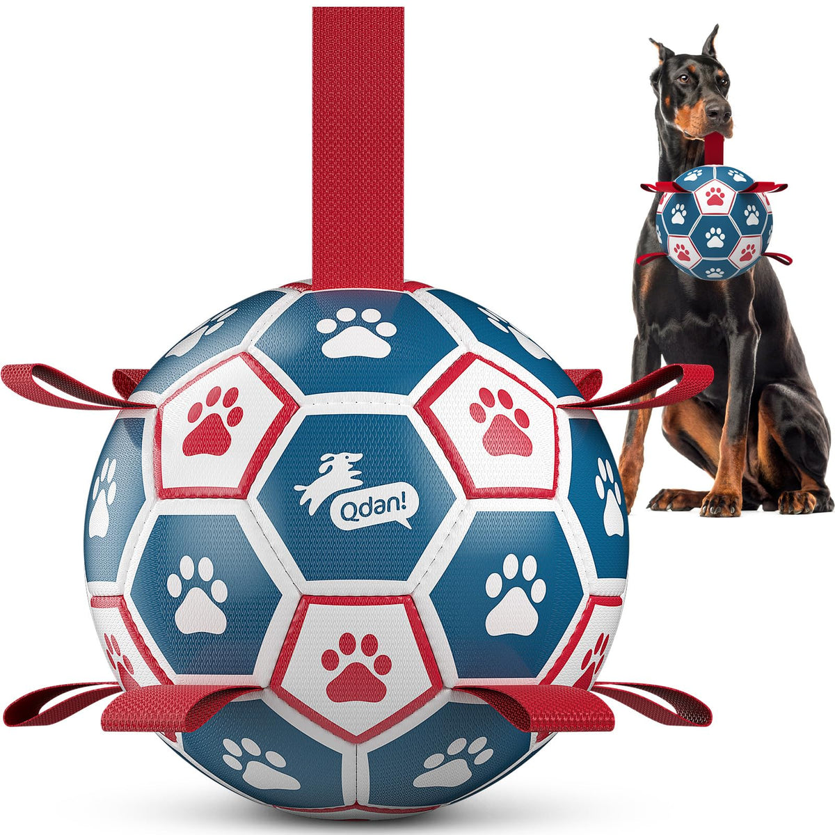 Balón QDAN para perros con cintas facilita juego interactivo y búsqueda.