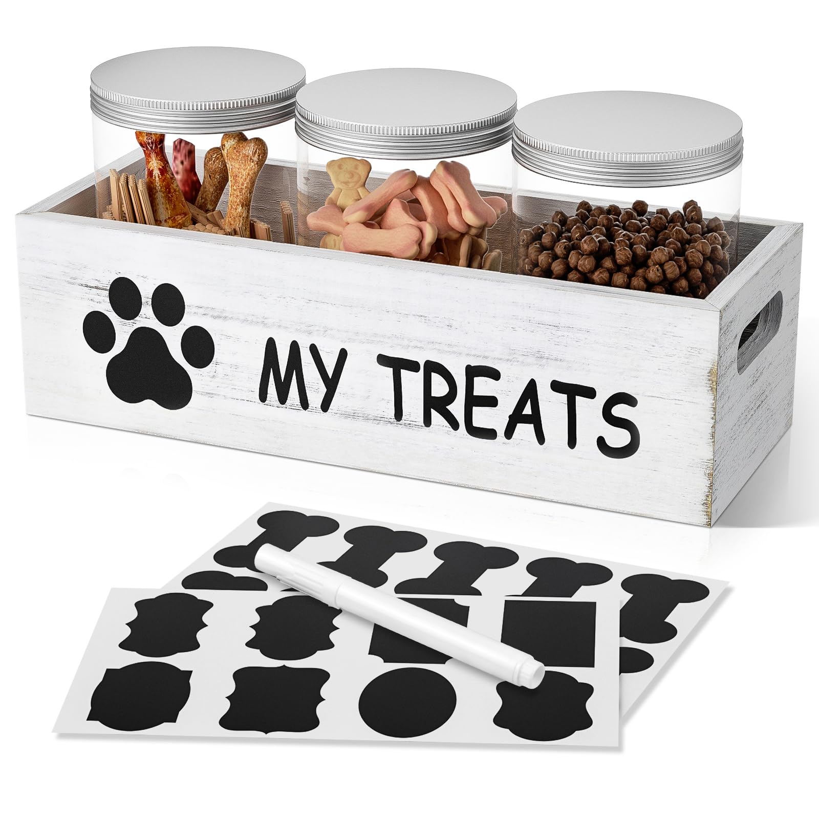 Qeerable contenedor de golosinas para perro con tres frascos, ideal para organización.