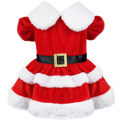 Qidelong disfraz navideño para perros, vista frontal con cinturón brillante, ideal para fotos festivas.