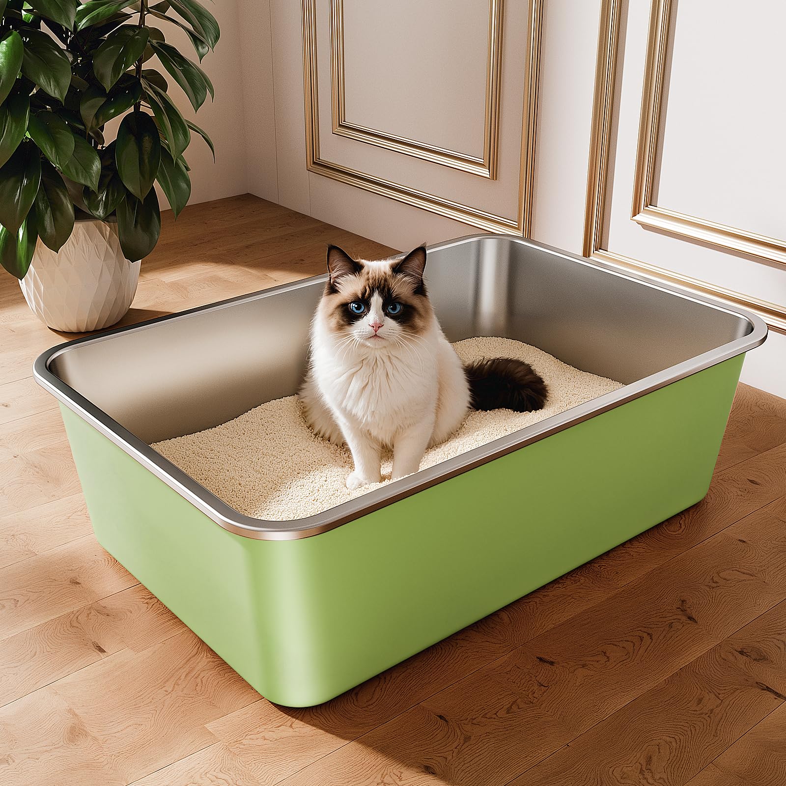 Bandeja Qiuma en acero inoxidable grande para gatos, ofrece amplio espacio para varios felinos.