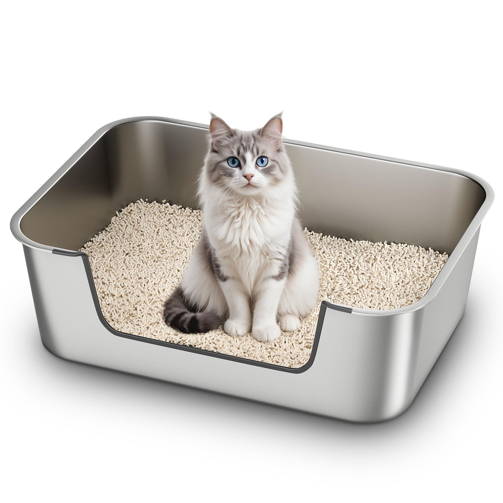 Caja de arena Qiuma de acero inoxidable con borde bajo, fácil acceso para gatitos.