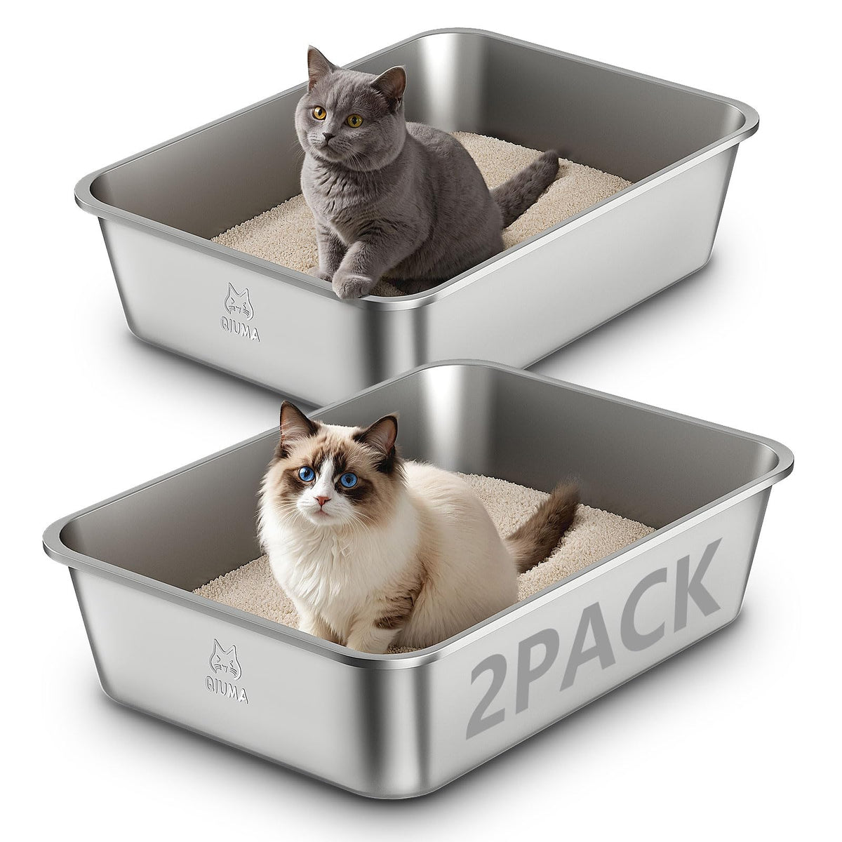 Qiuma: dos cajas de arena de metal con espacio amplio para gatos grandes.