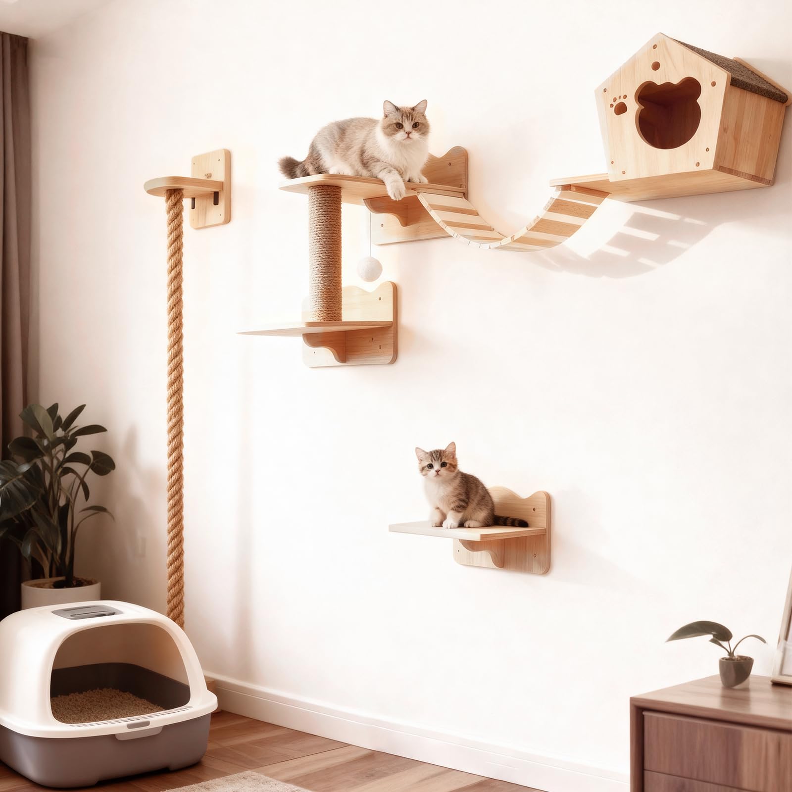 Qlfyuu estanterias pared gatos nivel 3, aprovecha espacio vertical para felinos