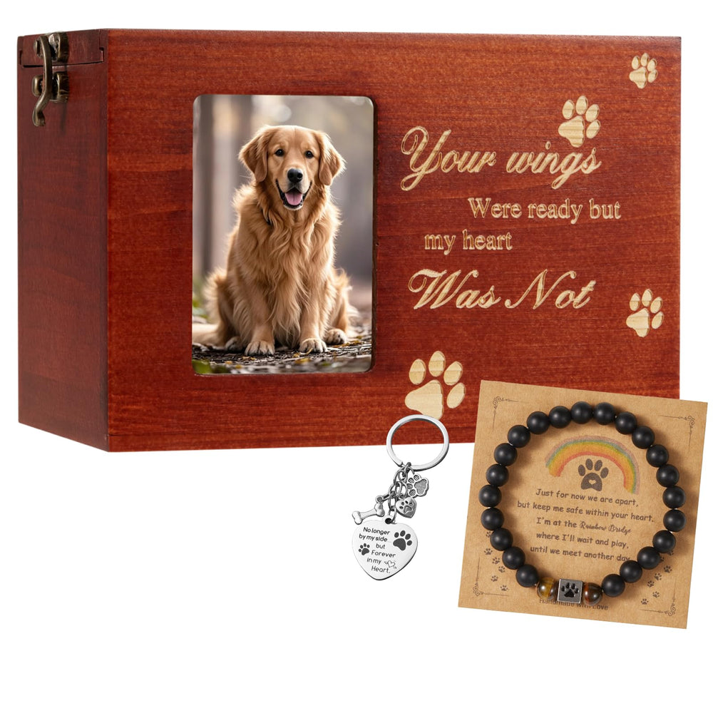Urna QMoveltyF para mascota con conjunto de madera, ideal para conservar cenizas con elegancia.