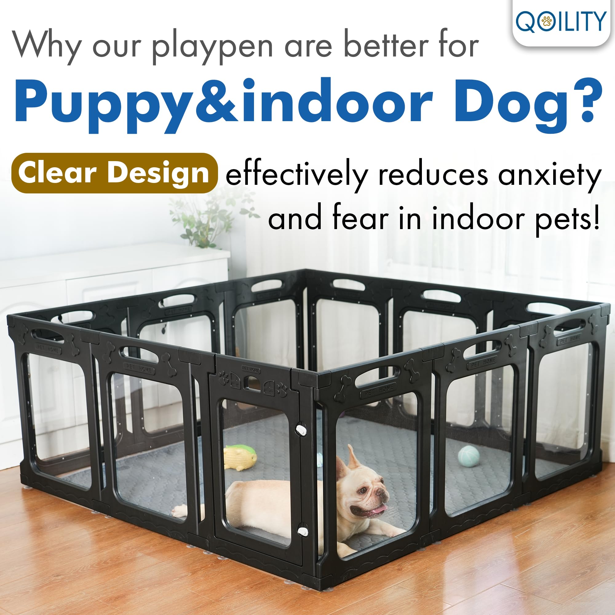 Qoility jaula acrílica negra, buena ventilación para comodidad del perro.