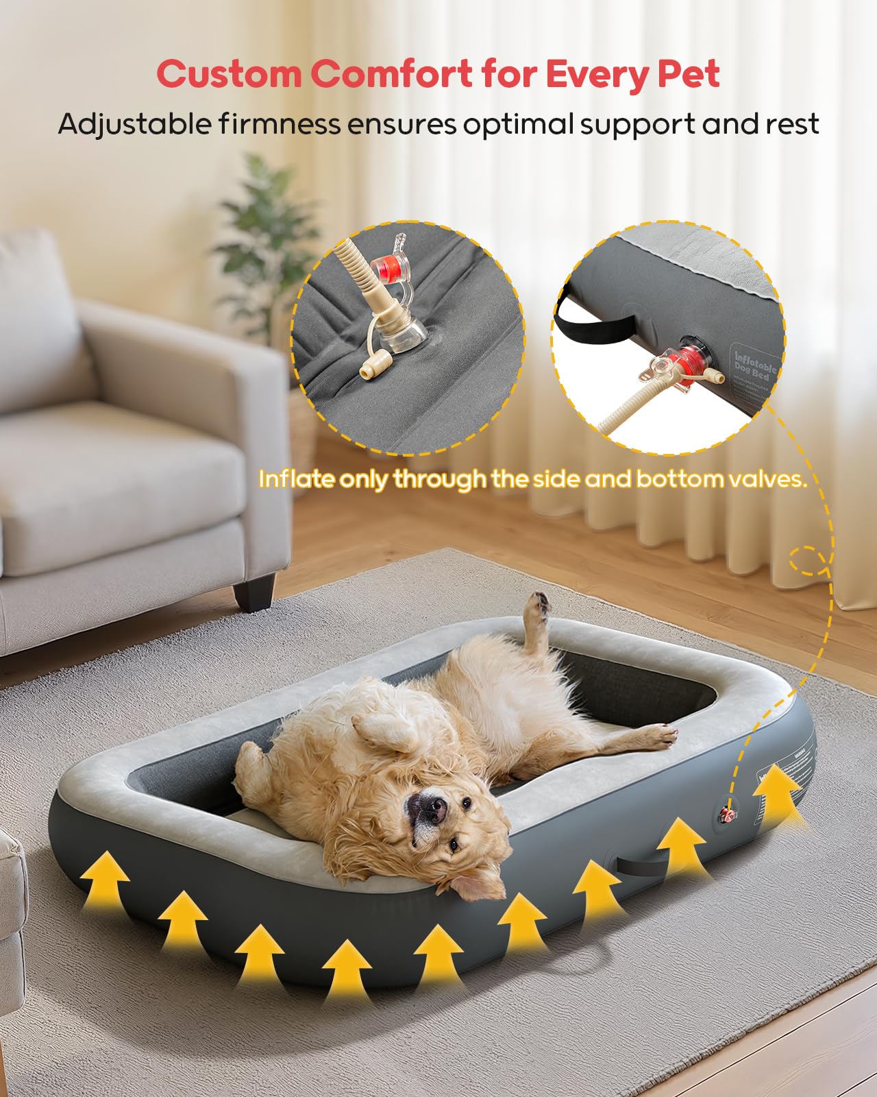 Cama inflable QPAU para perros con bordes elevados para seguridad.