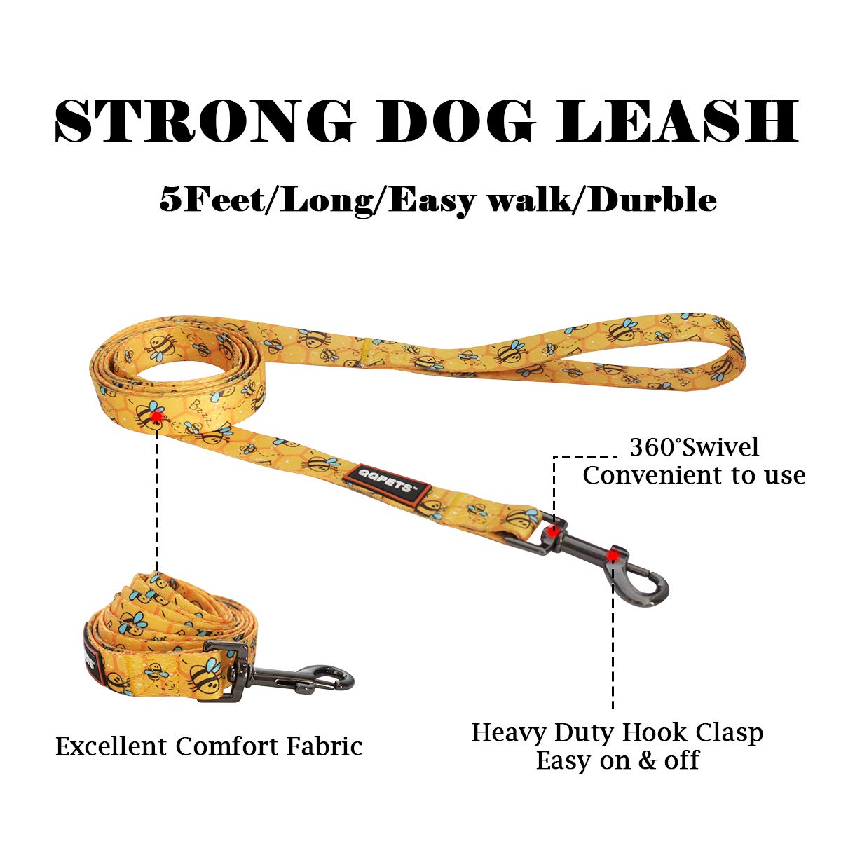 QQPETS five-foot leash provides comfortable reach for adventures.