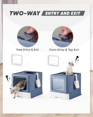 Qualasision caja de arena cubierta azul entrada-salida doble, versátil para hábitos felinos