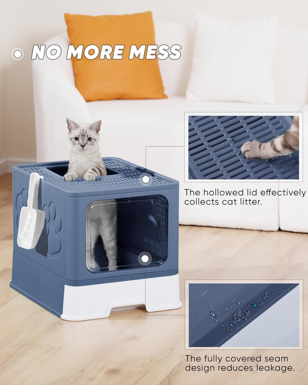 Qualasision caja de arena cubierta azul interior amplio para gatos activos