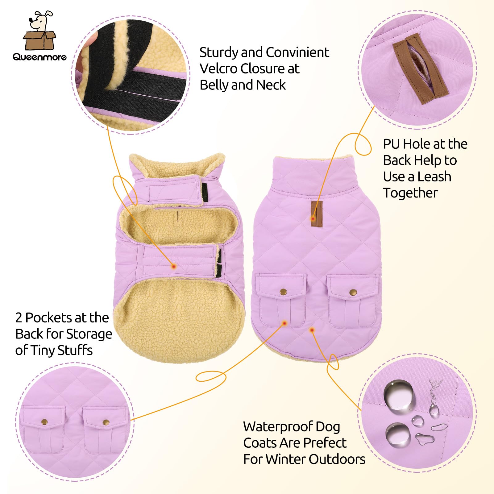 Queenmore abrigo para perros con bolsillos traseros para snacks y accesorios.