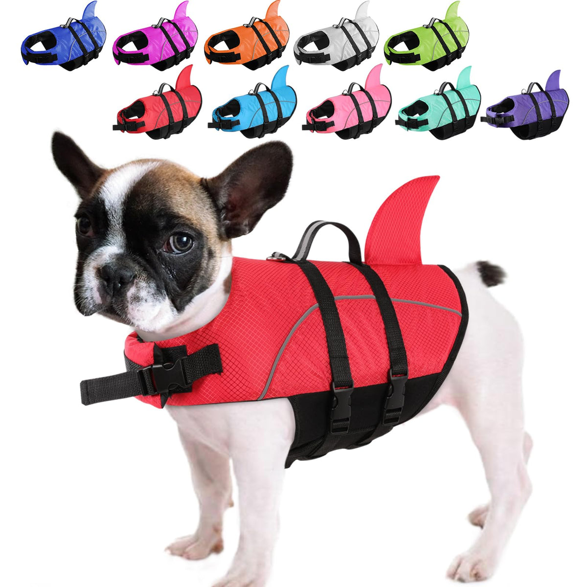 Queenmore chaleco salvavidas para perro con tiburón, ideal para natación segura.