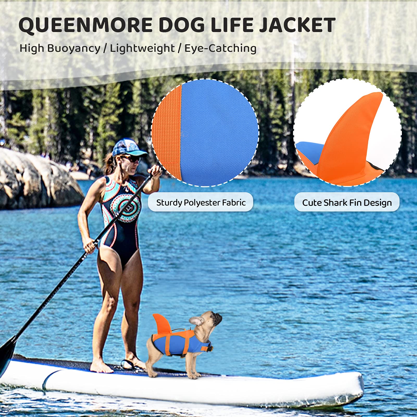 Chaleco Queenmore con manija de rescate trasera para sacar al perro fácilmente.
