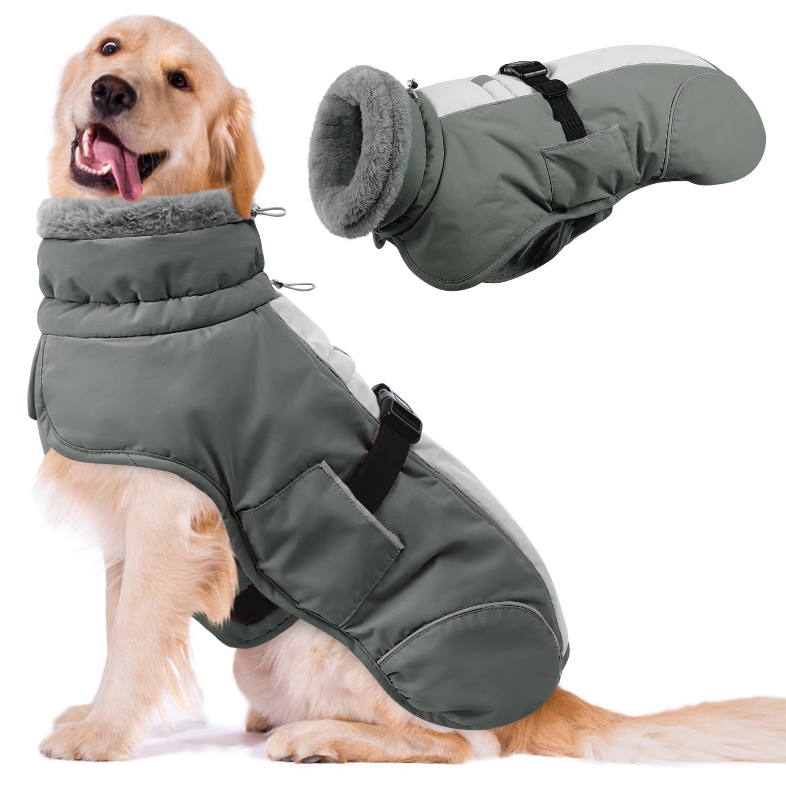 Queenmore chaqueta gris XXXL, vista frontal con forro cálido para perros.