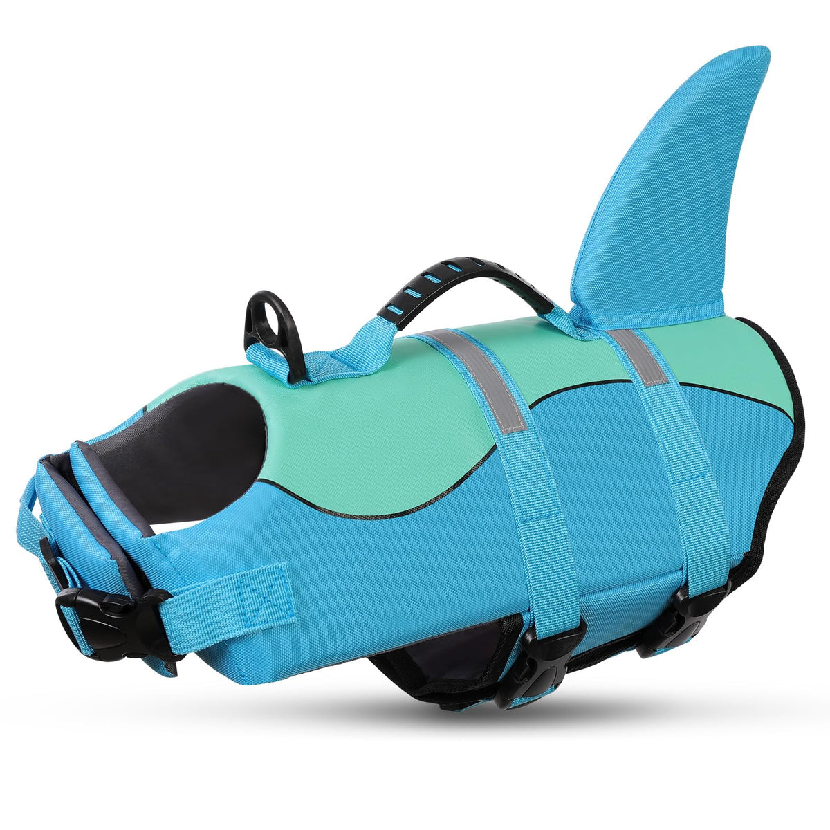 Chaqueta salvavidas Queenmore para perro, enfoque en color azul piscina y ajuste seguro.