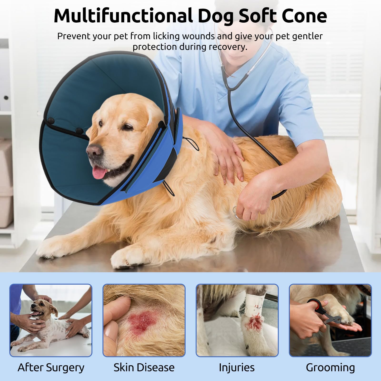 Cono suave Queenmore, diseño cómodo, ideal para convalecencia en perros grandes.