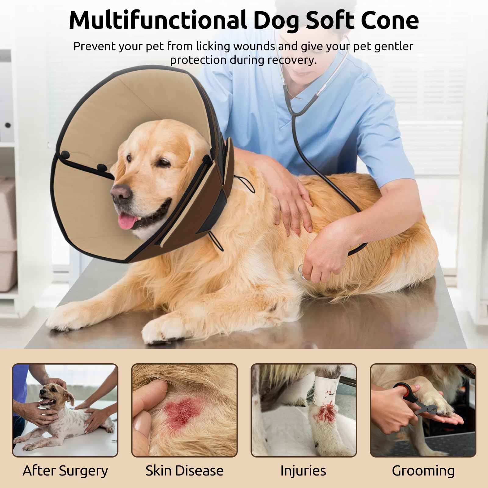 Cono para postoperatorio Queenmore con ajuste seguro y cómodo.