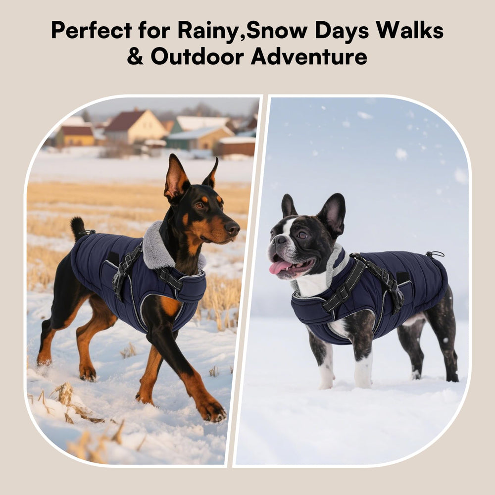 Queenmore abrigo listo para salidas invernales, perro en escena nevada.