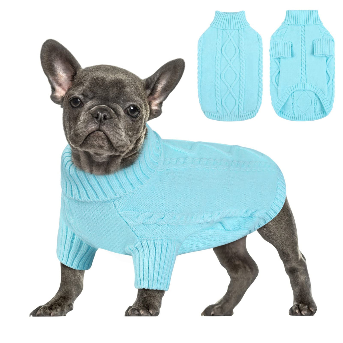 Queenmore suéter para perro pequeño con cuello alto azul cielo, cálido y cómodo para paseos fríos.