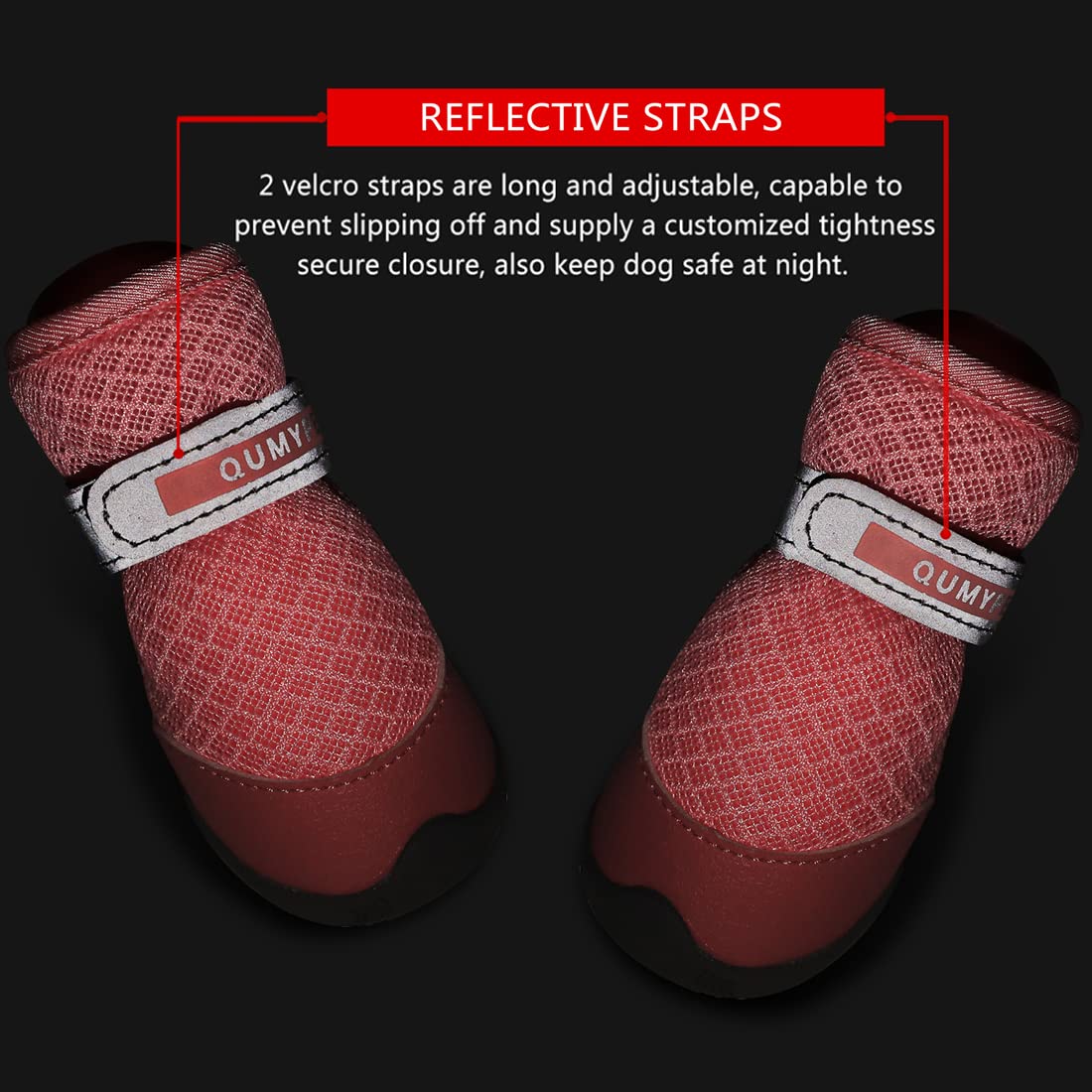 QUMY botas para perro rosa con correa ajustable reflectante para seguridad nocturna