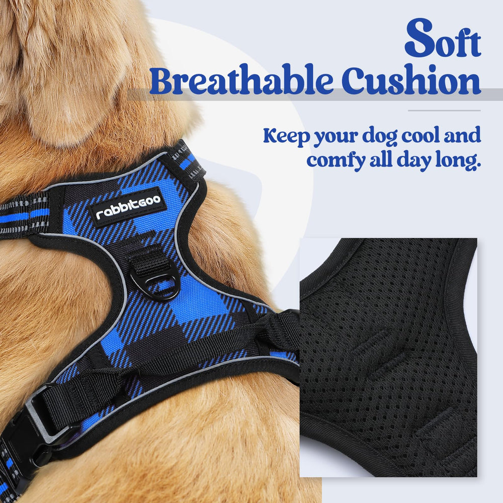 Arnés Rabbitgoo ajustable con acolchado suave para perros medianos durante paseos prolongados.