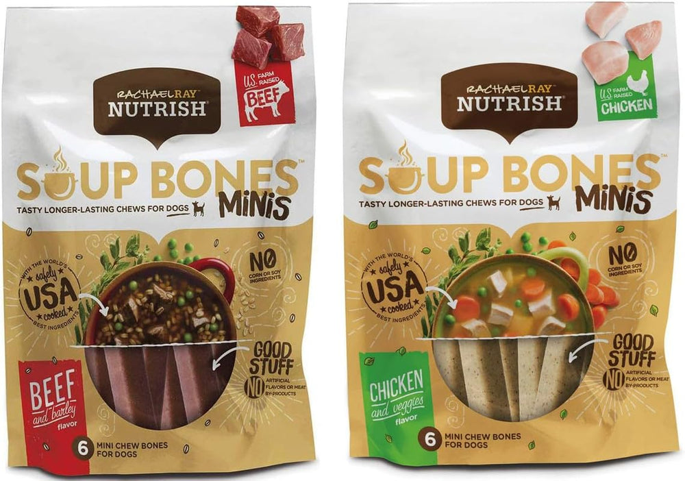 Rachael Ray Nutrish Sopa Huesos Minis pollo y verduras, ideal para perros pequeños.