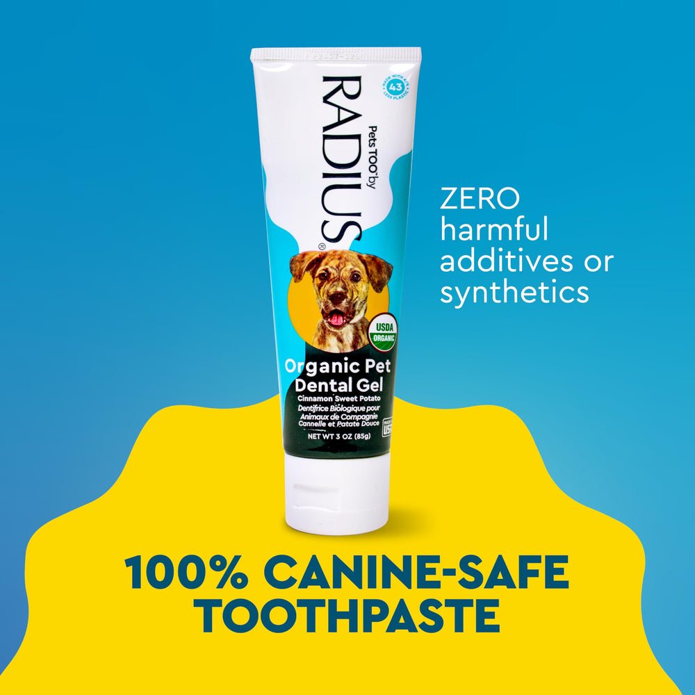 Envase reciclable: RADIUS pasta dental canina orgánica pensado para cuidado responsable.