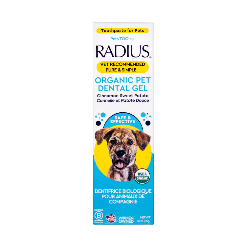 Pasta dental canina RADIUS orgánica en tubo 3 oz para limpieza dental suave.