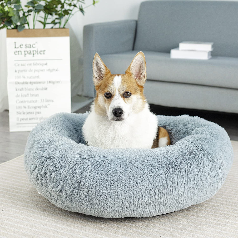 Cama Raimaiso donut de felpa gris, diseño acogedor para mascotas
