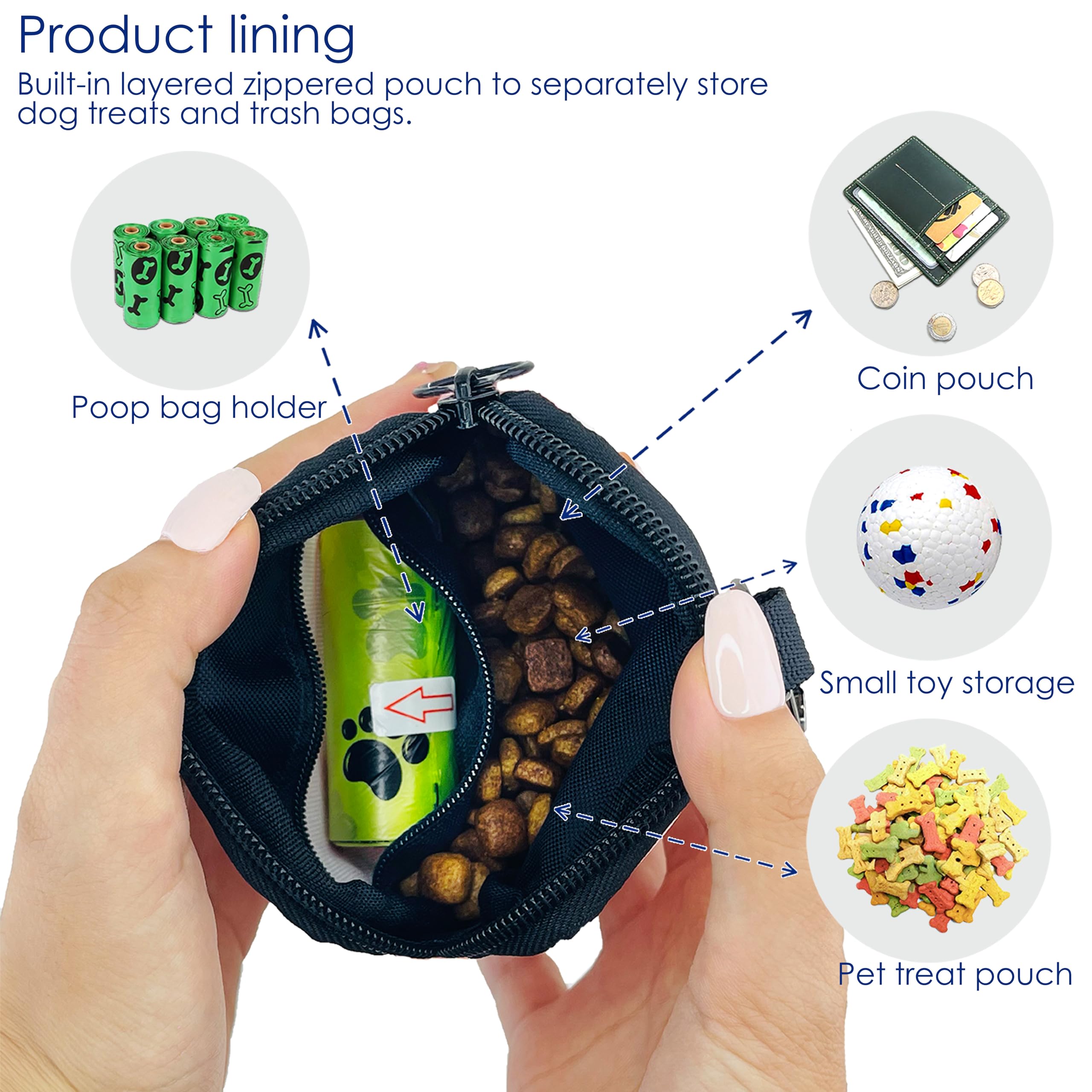 Raisingwell bolsa premios perro, bolsillo interno para bolsas y pañuelos durante salidas.