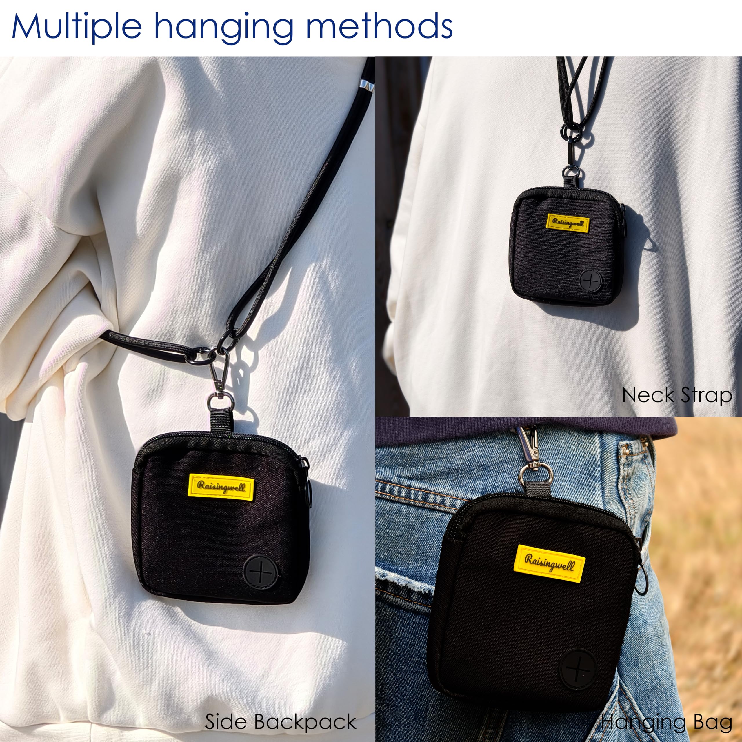 Raisingwell bolsa negro mosquetón, correa integrada para transporte cómodo.