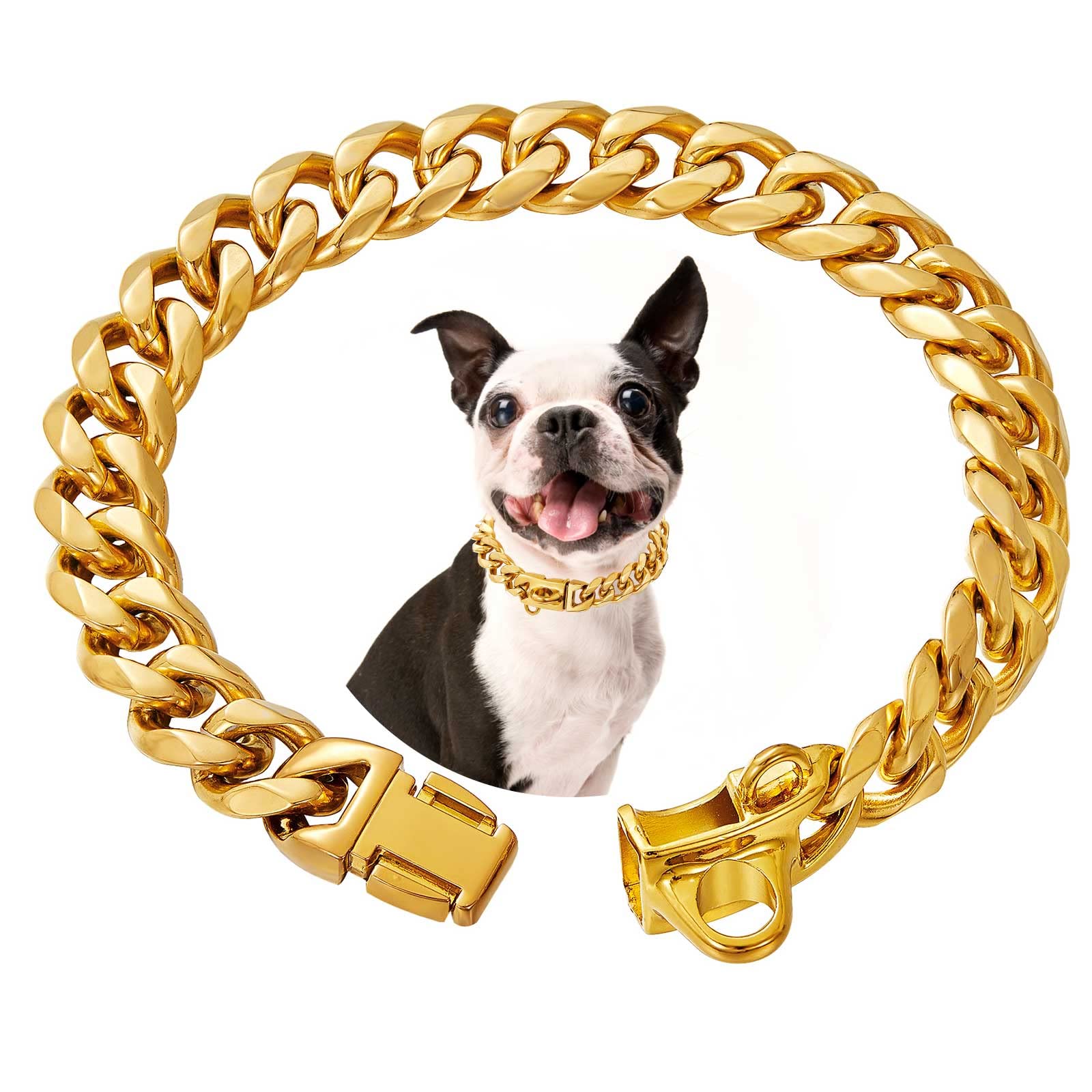 RAIWAV collar cadena cubano oro 18K, resistente y elegante para perros.
