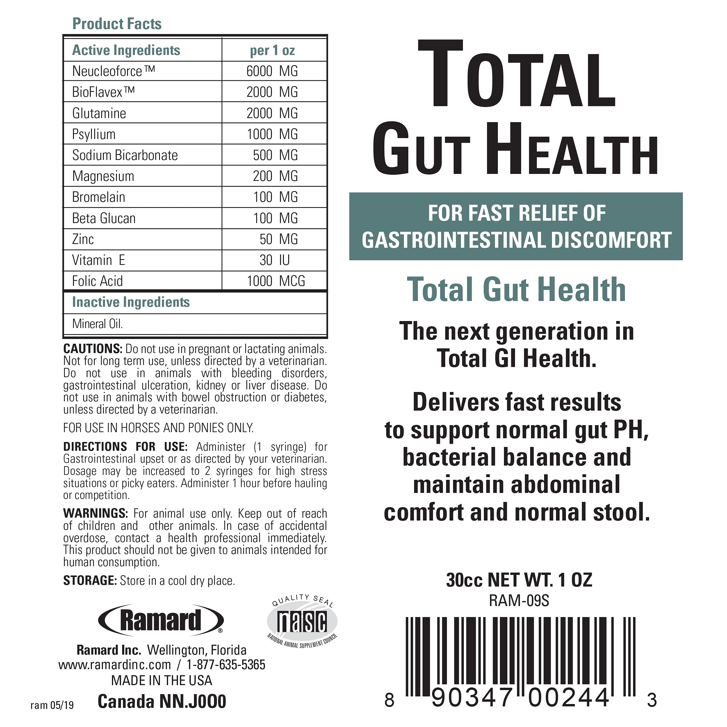 Ramard Salud Total del Intestino Equino, etiqueta, contiene ingredientes para la salud intestinal.