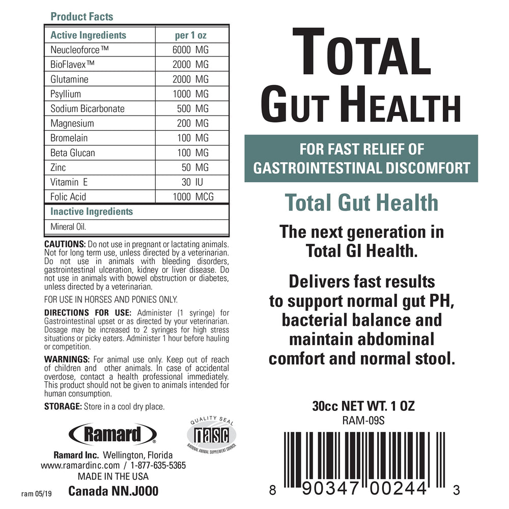Ramard Salud Total del Intestino Equino, etiqueta, contiene ingredientes para la salud intestinal.