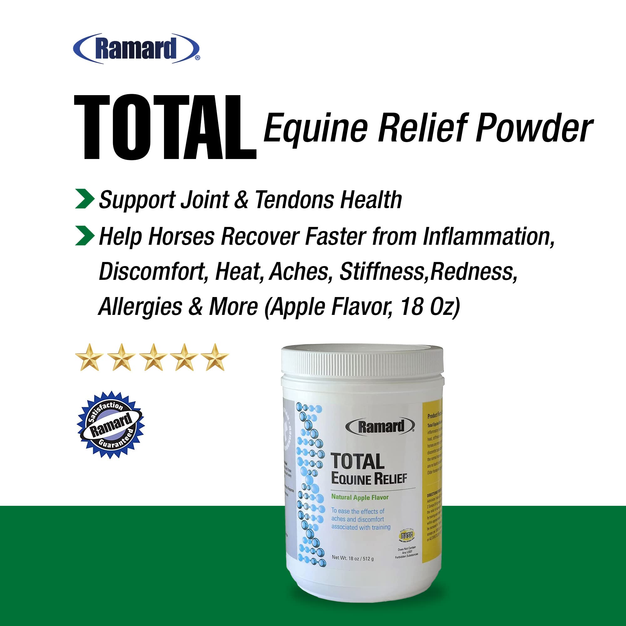 Ramard Total Equine Relief, etiqueta visible, indica la fórmula Equinol para recuperación post-entrenamiento.