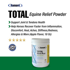 Ramard Total Equine Relief, etiqueta visible, indica la fórmula Equinol para recuperación post-entrenamiento.