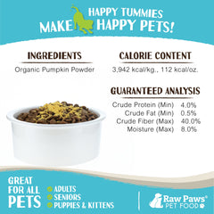 Raw Paws bienestar digestivo, polvo de calabaza para una alimentación diaria.