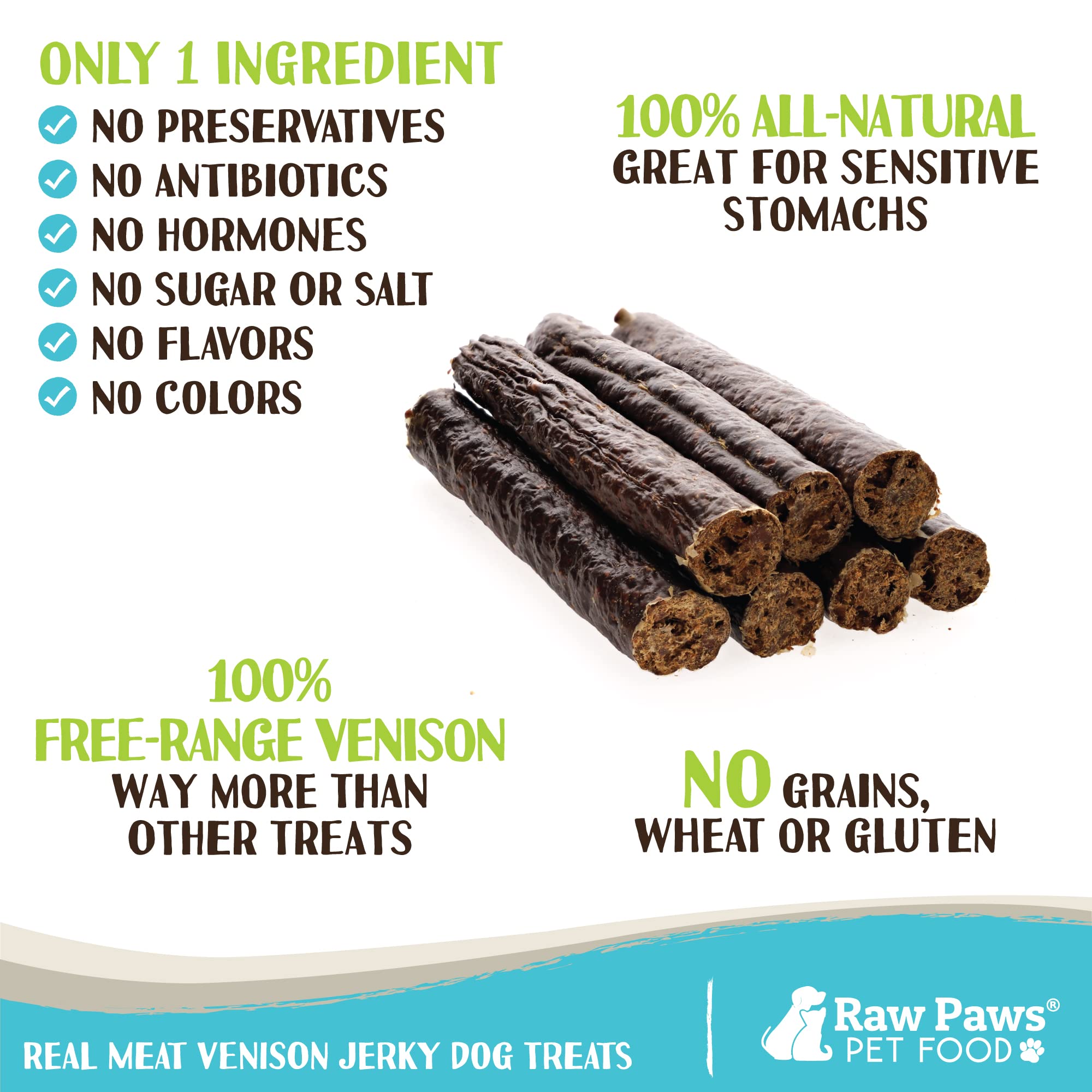 Raw Paws bocaditos de venado jerky, snack de proteína novedosa para perros.