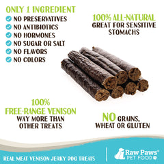 Raw Paws bocaditos de venado jerky, snack de proteína novedosa para perros.