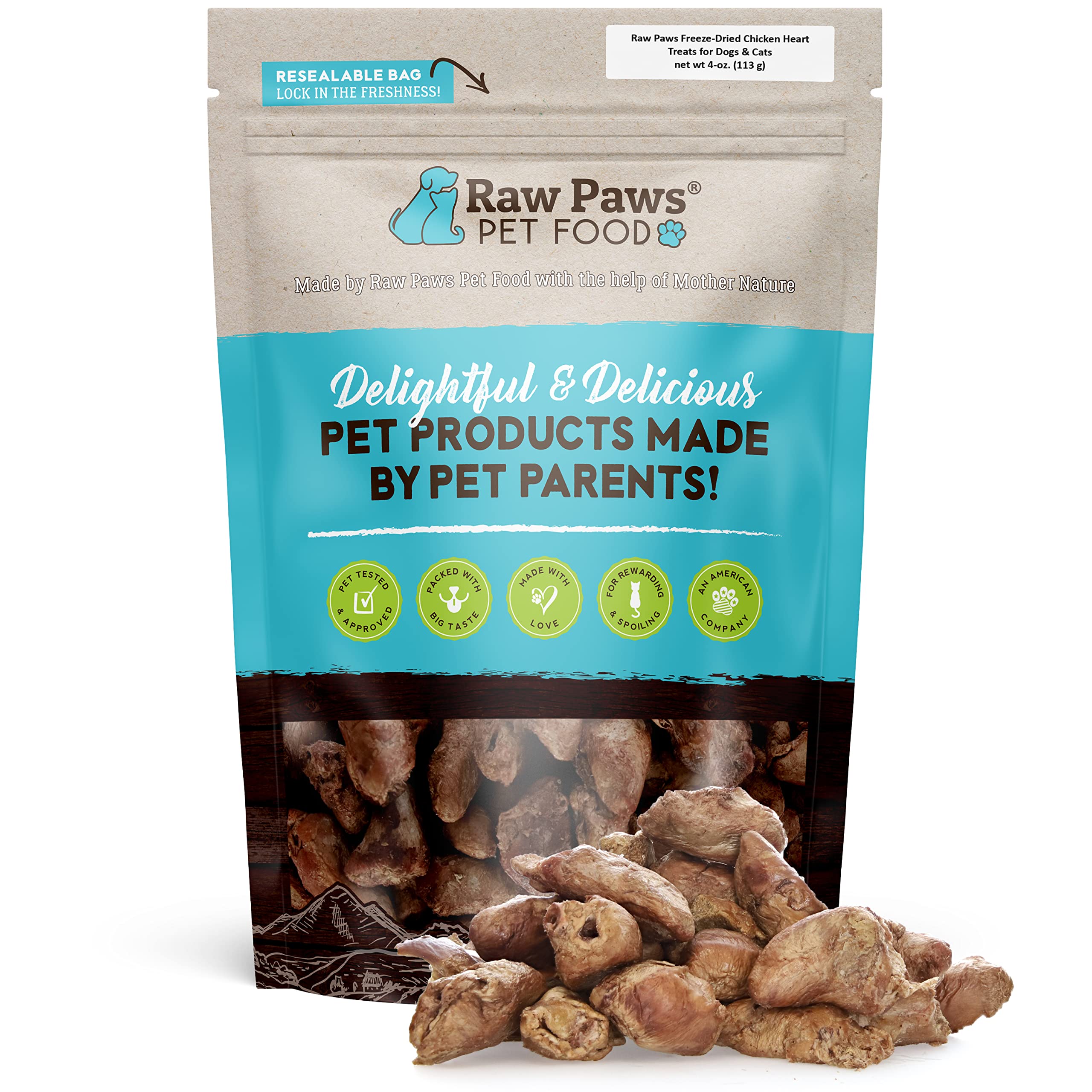 Raw Paws corazones de pollo enteros liofilizados, snack natural para mascotas.