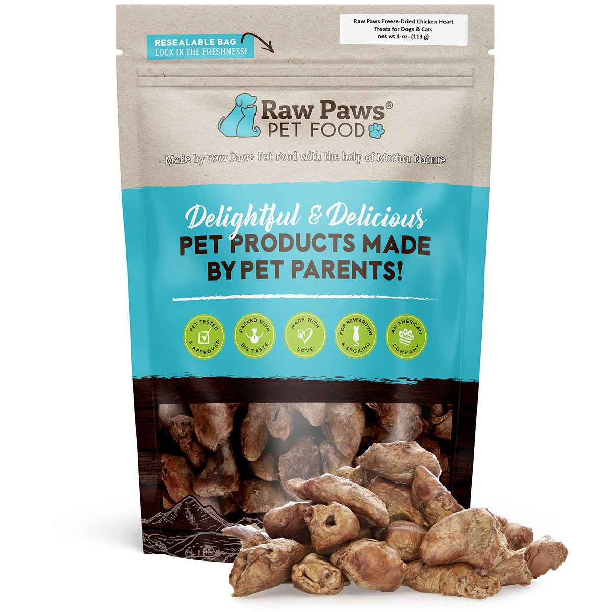 Raw Paws corazones de pollo enteros liofilizados, snack natural para mascotas.