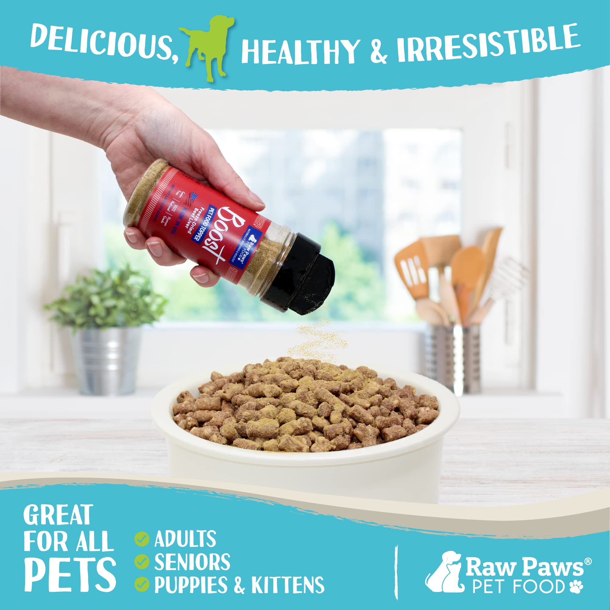 Raw Paws higado de res liofilizado en frasco para almacenamiento práctico