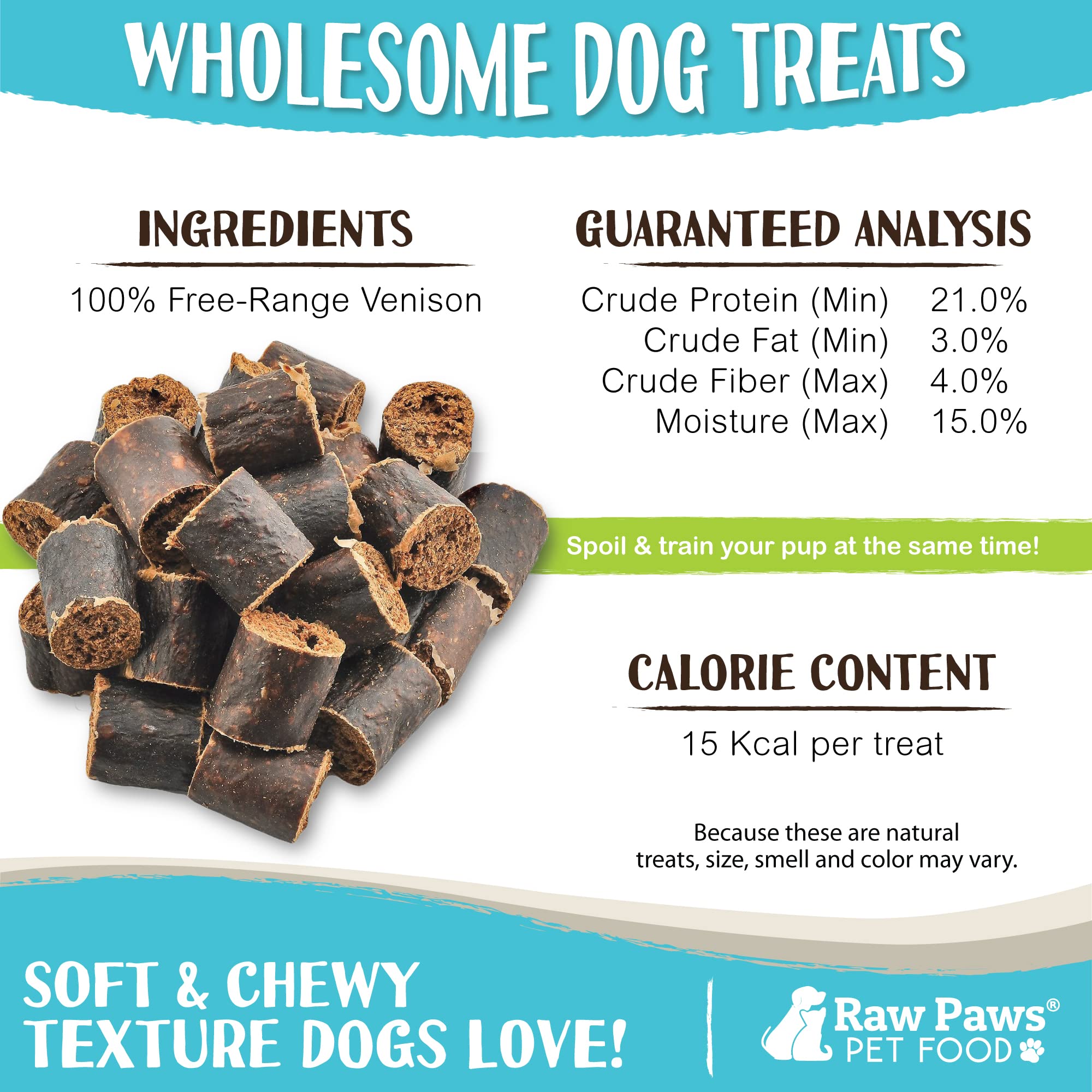 Raw Paws jerky de venado, textura natural para masticar.
