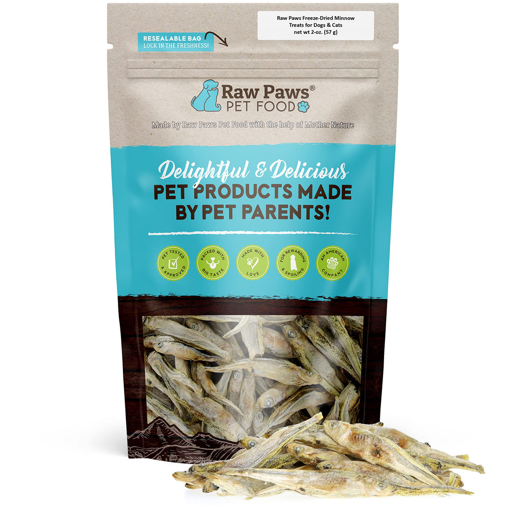 Golosina Raw Paws Minnows en bolsa liofilizados, ideal como recompensa diaria.