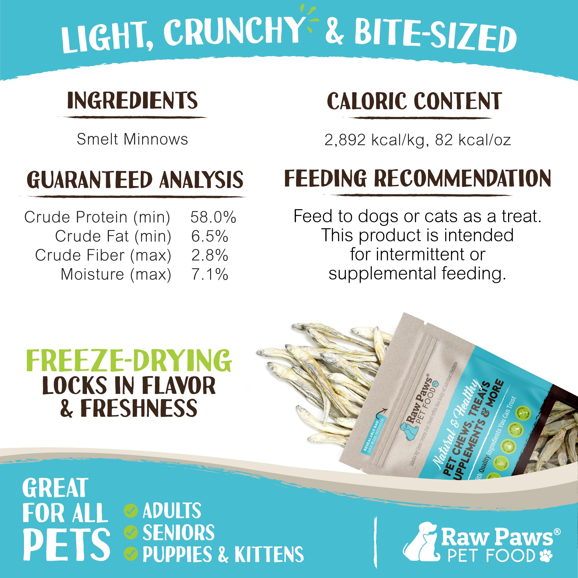 Minnows Raw Paws para entrenamiento, recompensa sabrosa y fácil de servir.