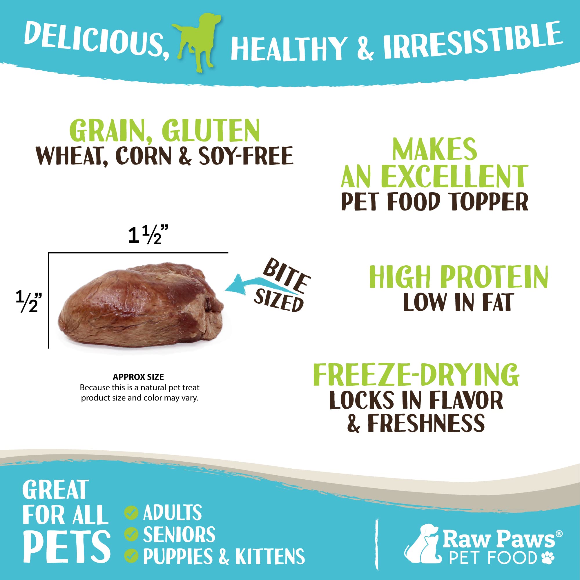 Raw Paws paquete 4oz de corazones de pollo, snack práctico para casa.