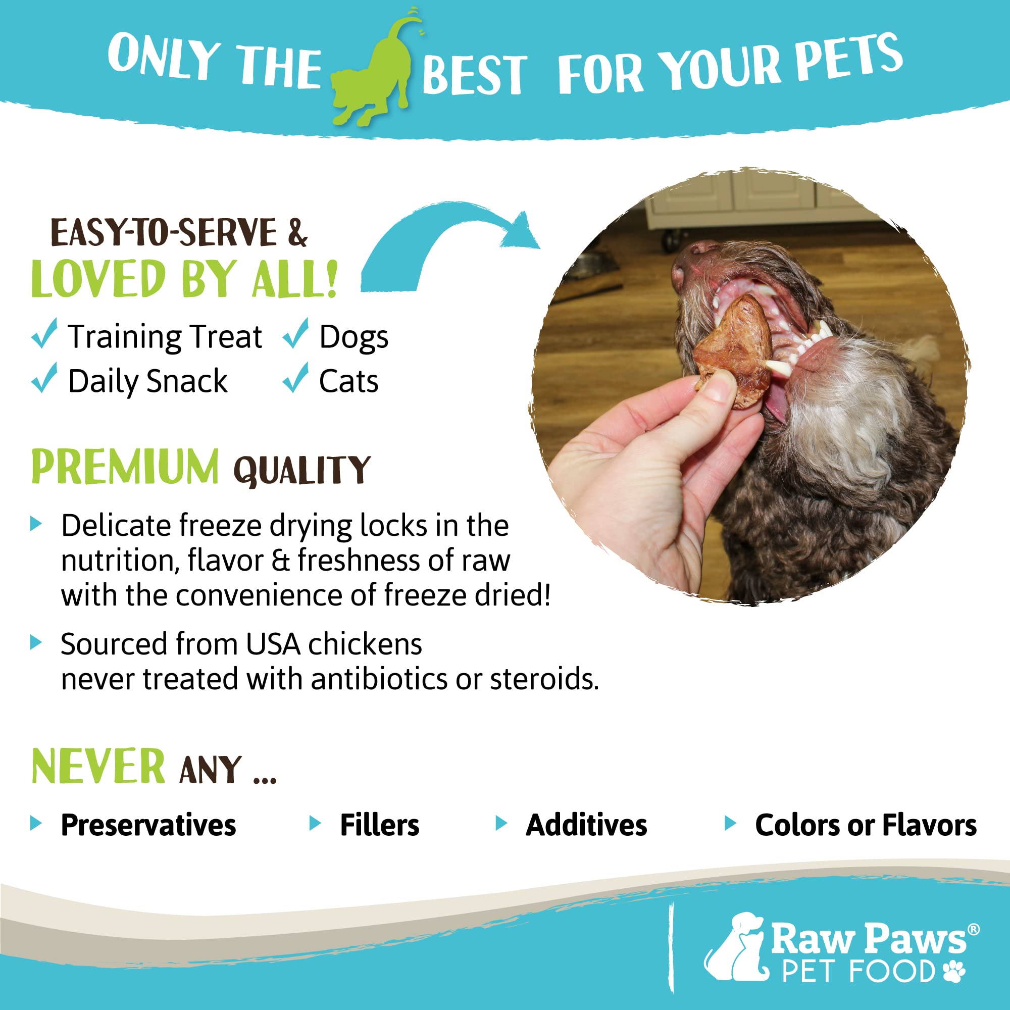 Raw Paws corazones de pollo listos para servir o rehidratar.